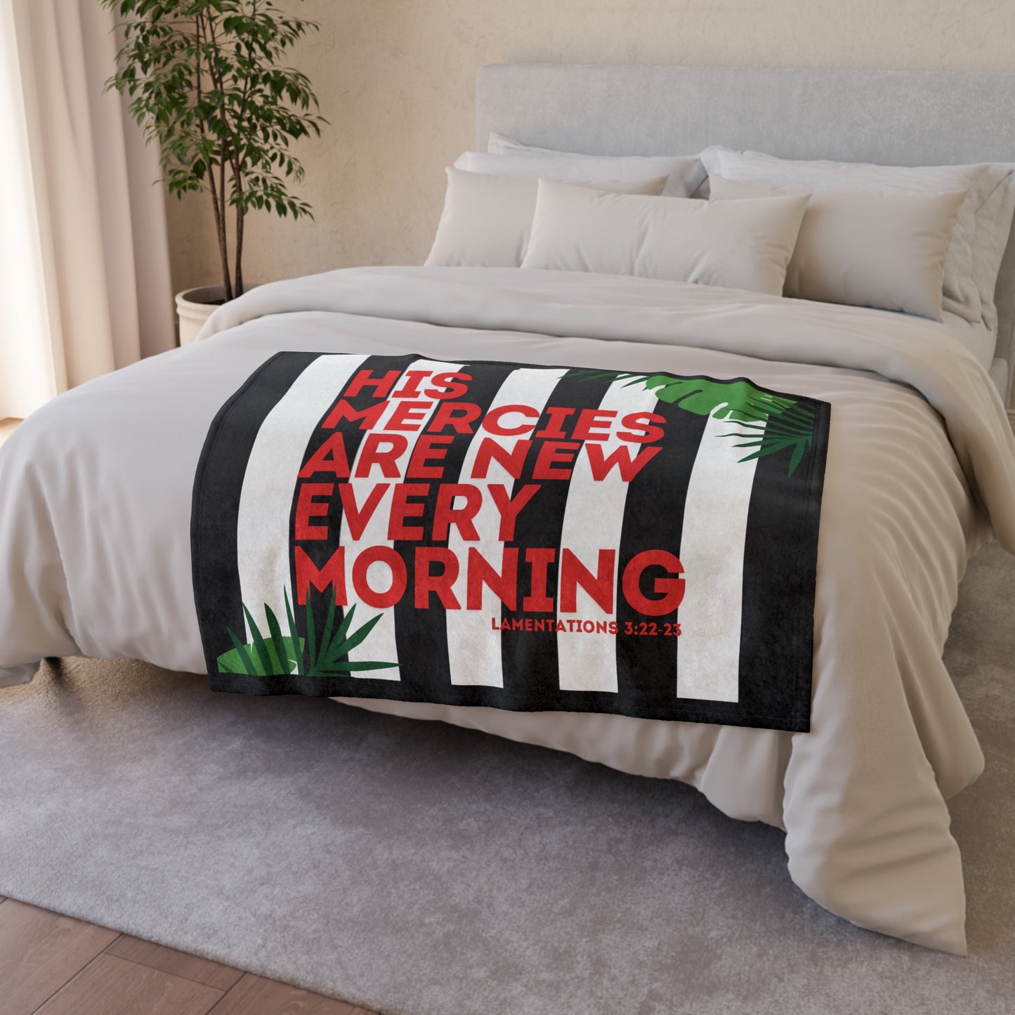 Bible Quote Blanket, Soft Polyester Blanket - His Mercies Are New - black and white