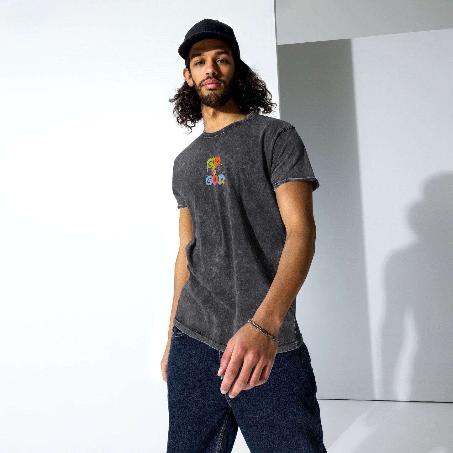 Denim Bible Verse T-Shirt, God Is Good Embroidered, Unisex