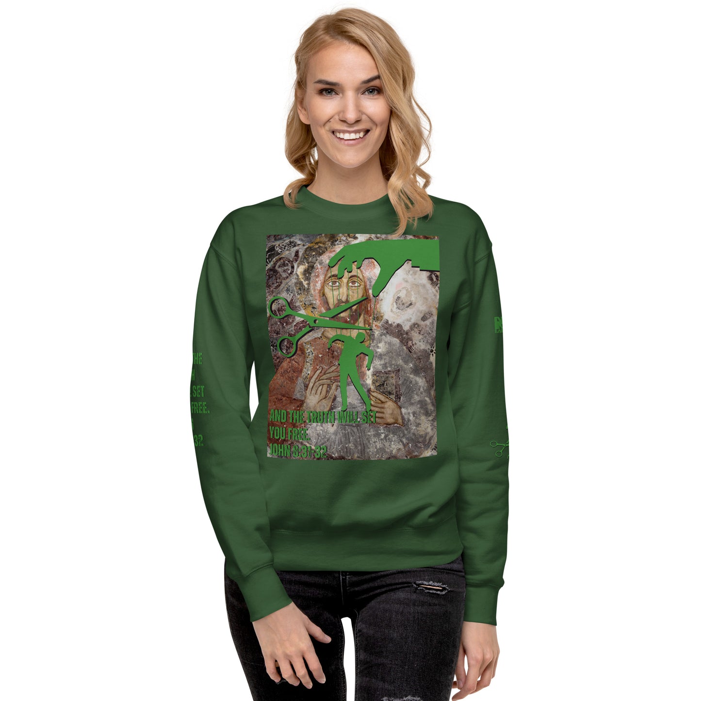 Bible Verse Premium Sweatshirt - Jesus Sets You Free, Green