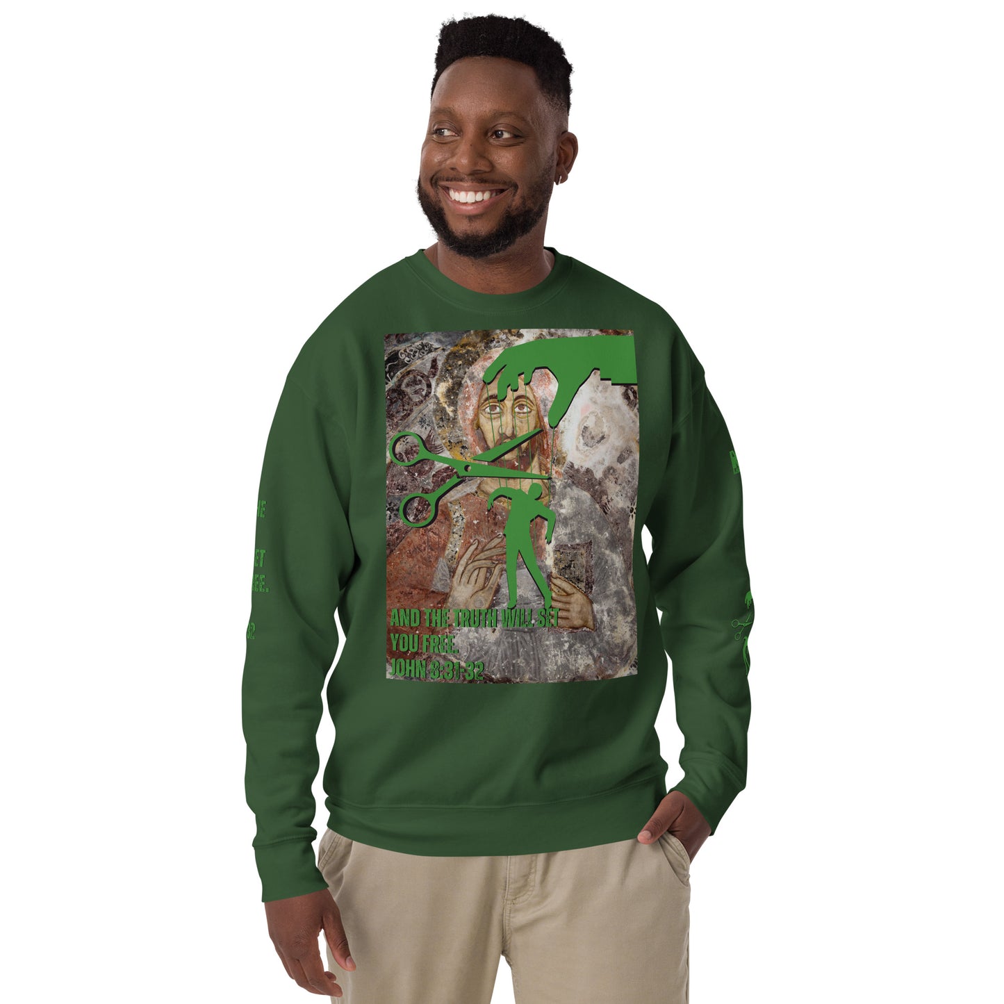 Bible Verse Premium Sweatshirt - Jesus Sets You Free, Green