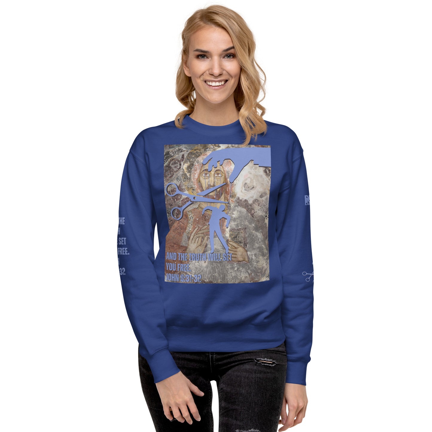 Bible Verse Premium Sweatshirt - Jesus Sets You Free, Blue