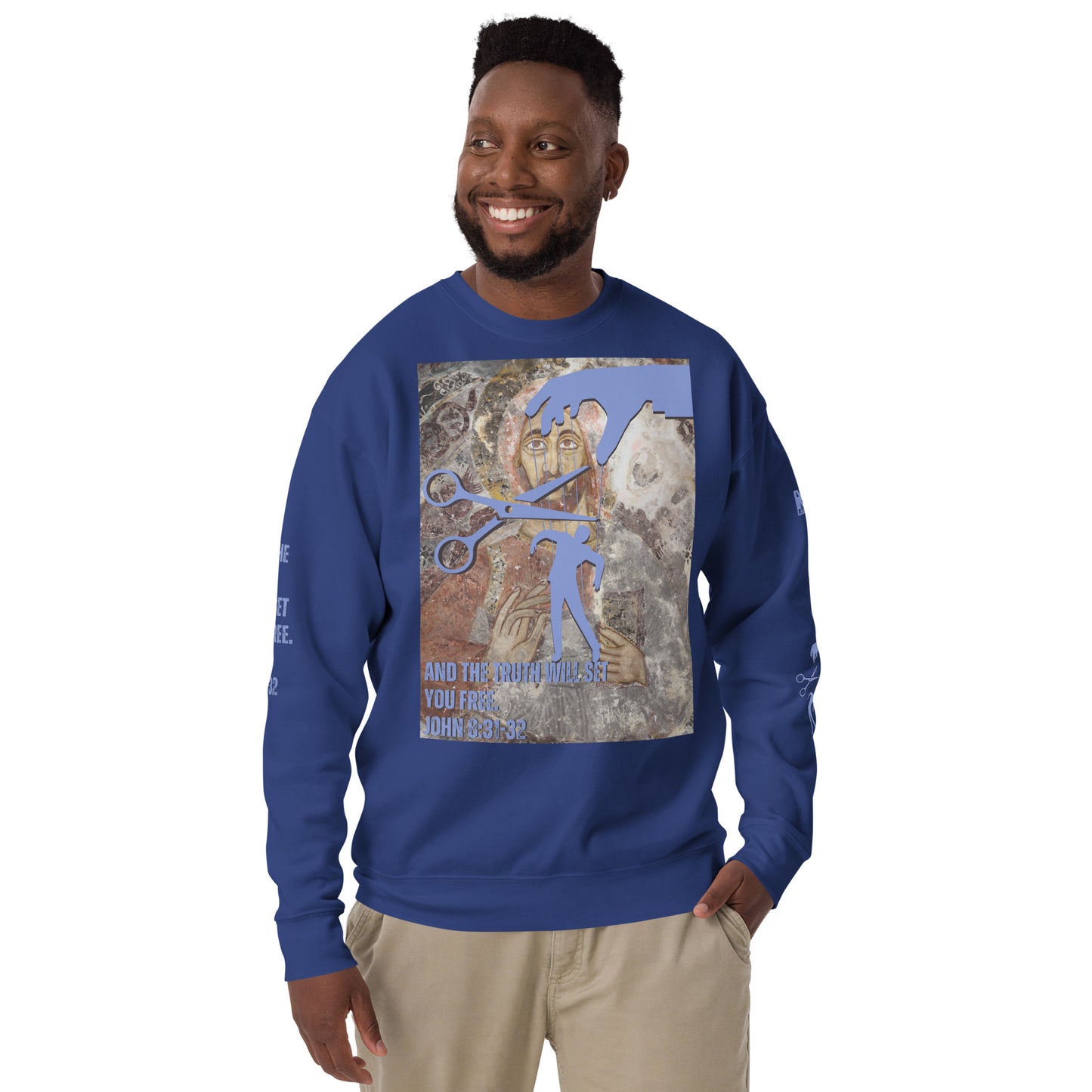 Bible Verse Premium Sweatshirt - Jesus Sets You Free, Blue