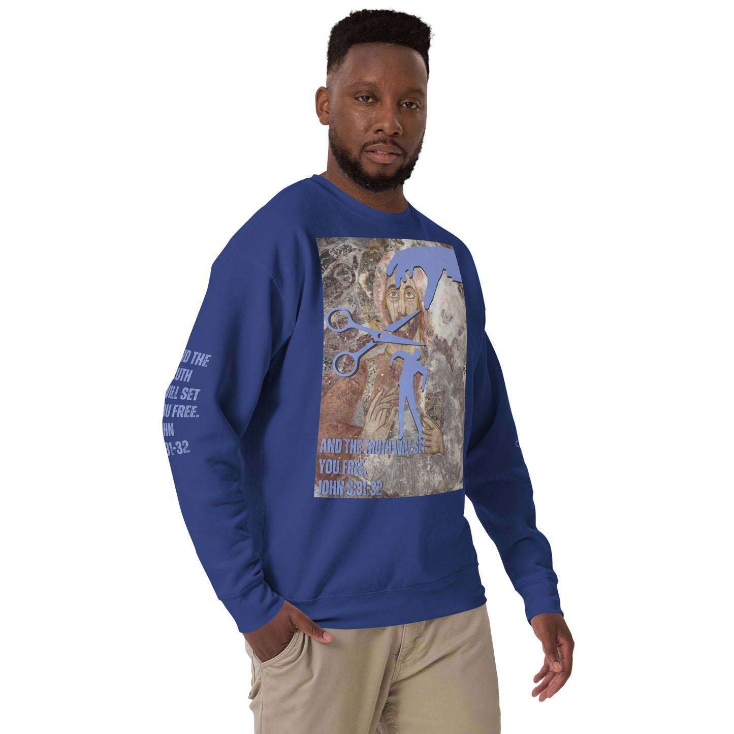 Bible Verse Premium Sweatshirt - Jesus Sets You Free, Blue