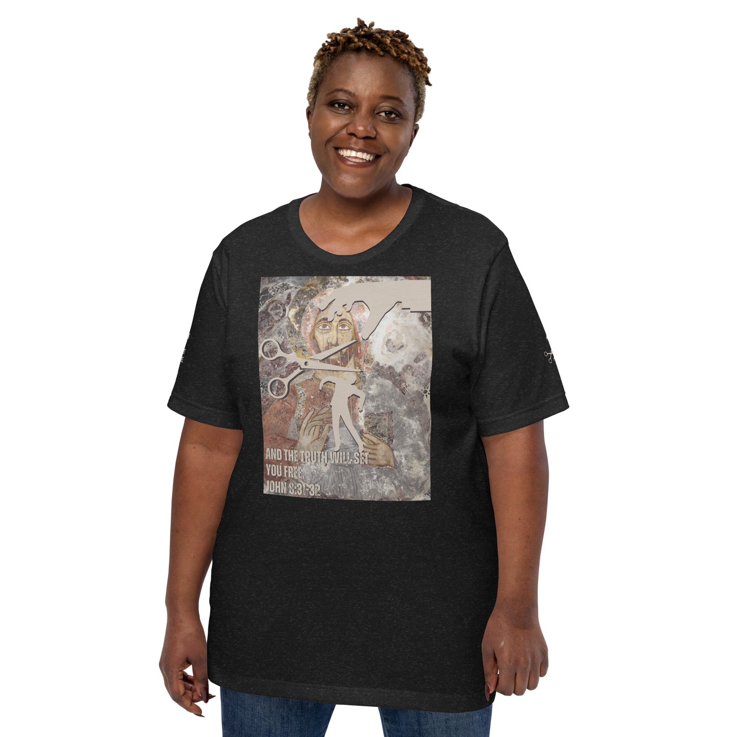 Bible Verse T-Shirt, Premium Unisex T-shirt - Jesus Sets You Free, Heather Black