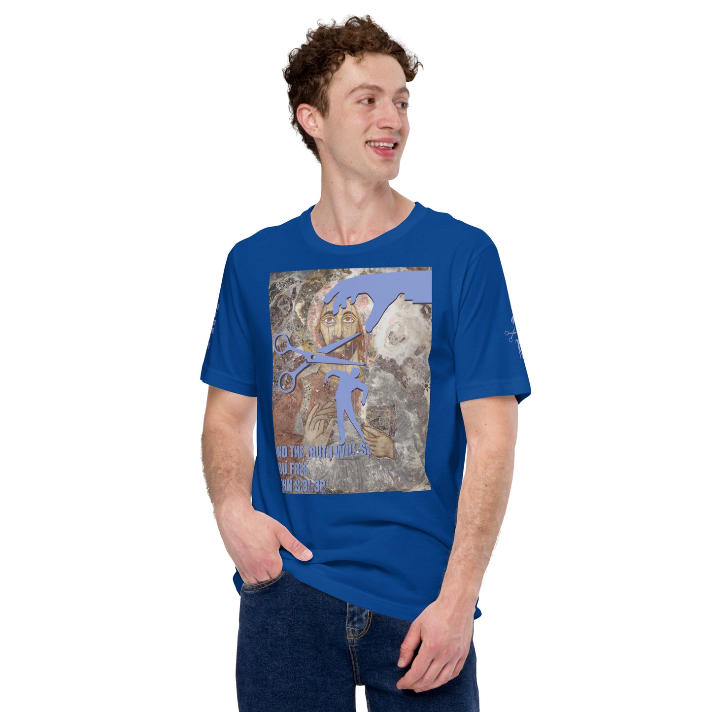 Bible Verse T-Shirt, Premium Unisex T-shirt - Jesus Sets You Free, Blue