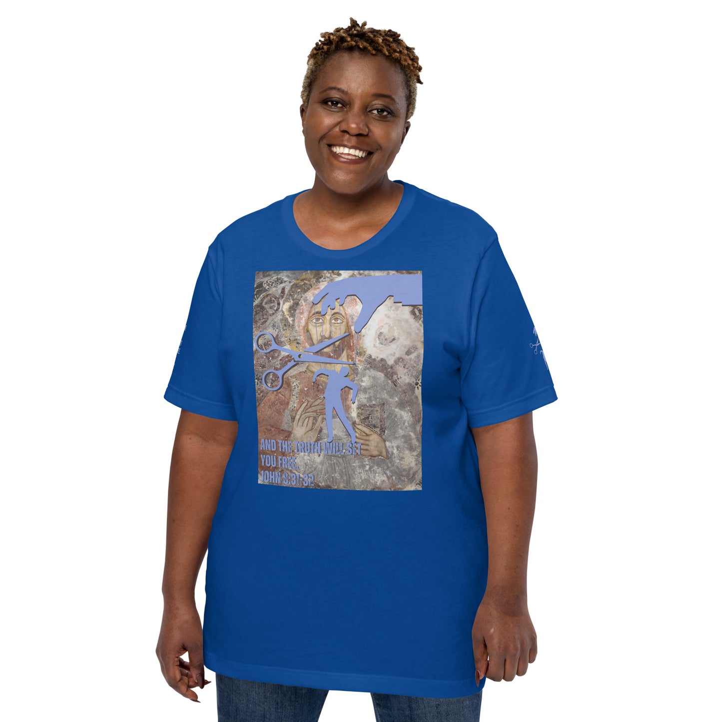 Bible Verse T-Shirt, Premium Unisex T-shirt - Jesus Sets You Free, Blue