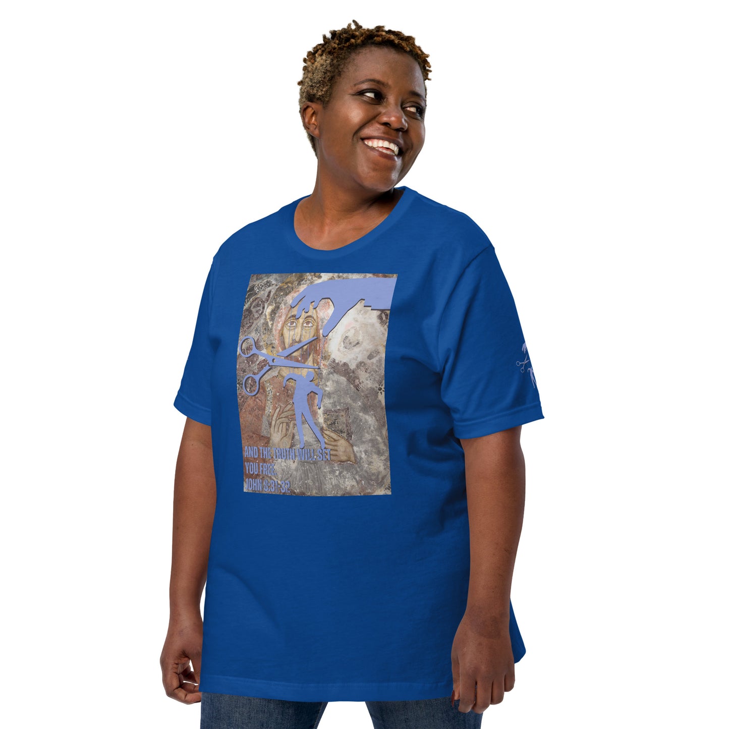 Bible Verse T-Shirt, Premium Unisex T-shirt - Jesus Sets You Free, Blue