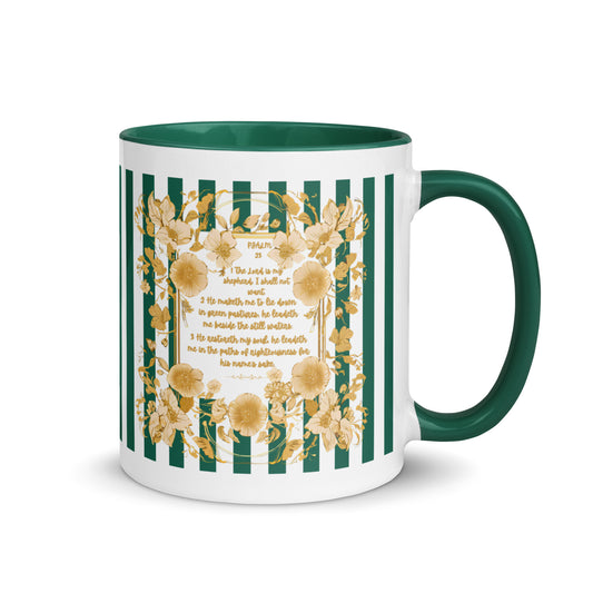 Bible Quote Mug with Scripture verse Psalm 23, Dark Green Color Inside